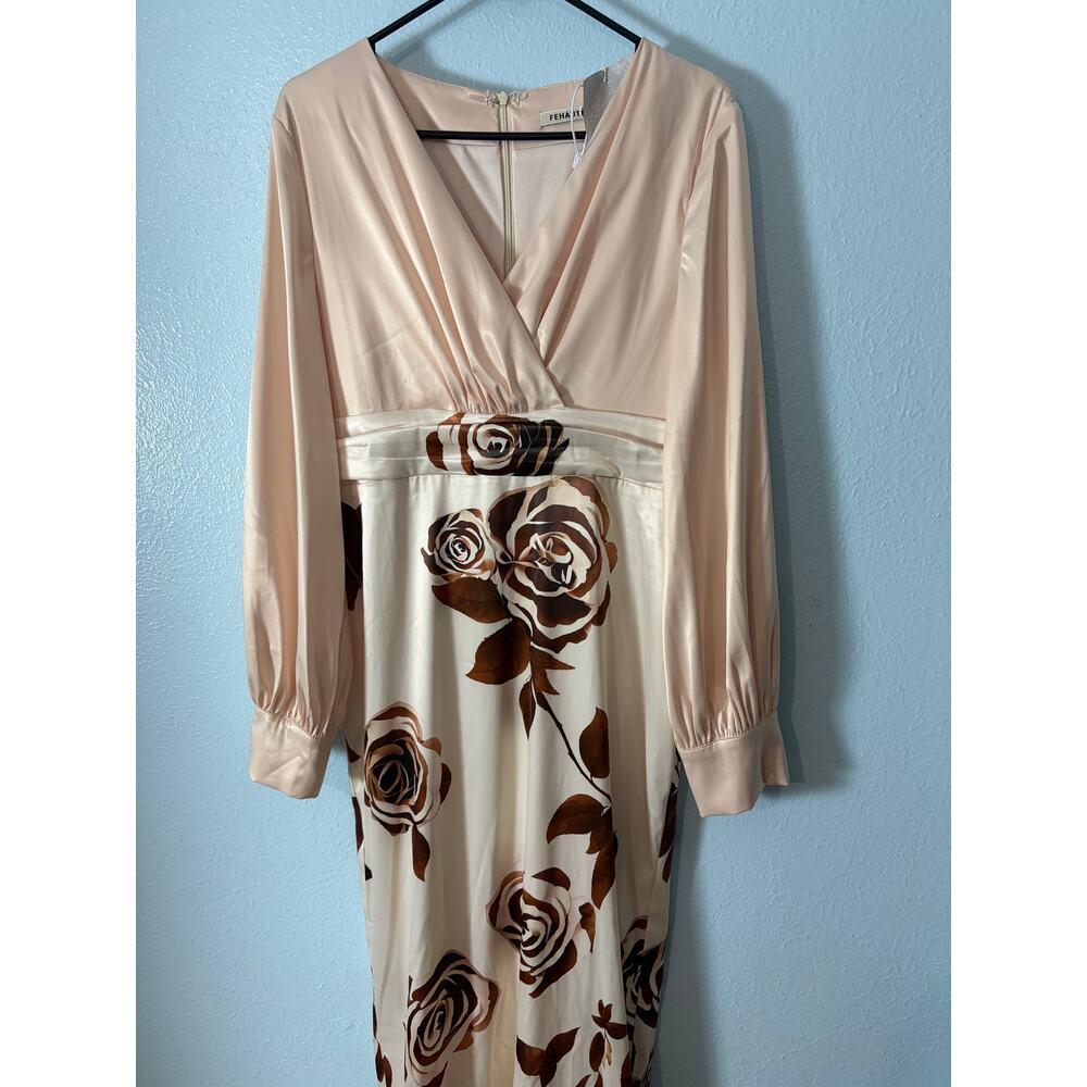 FEHAUTE Satin Floral Midi Dress Blush Pink Brown Rose Print Long Sleeve Size 8